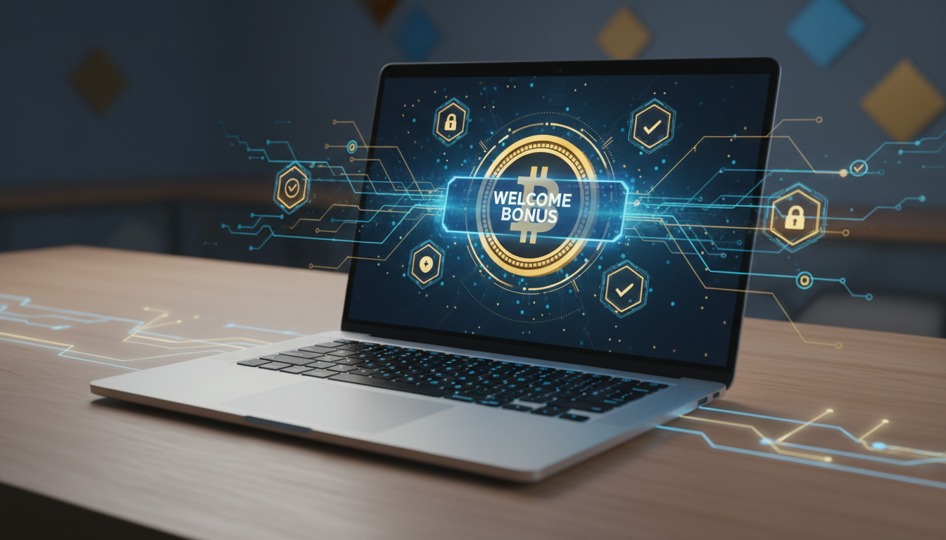 A high-end laptop on a wooden desk showing a glowing Bitcoin casino interface with a 'Welcome Bonus' notification and digital security overlays