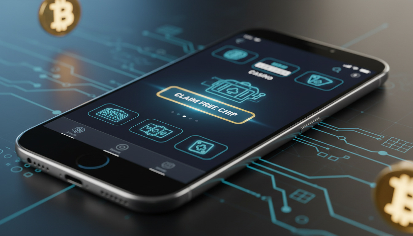 A high-tech digital interface showing a Bitcoin free chip bonus activation on a mobile device