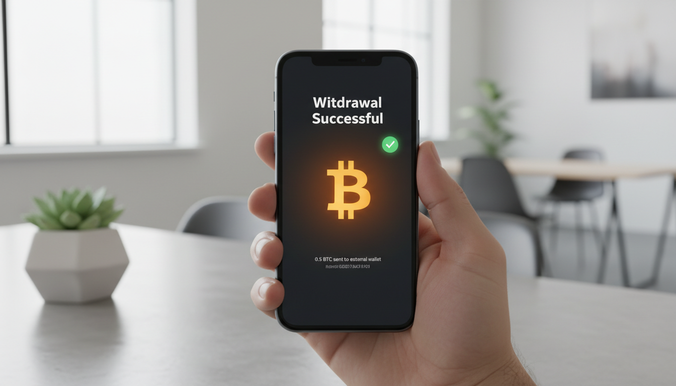 Smartphone screen displaying a successful Bitcoin withdrawal transaction in a modern crypto wallet app