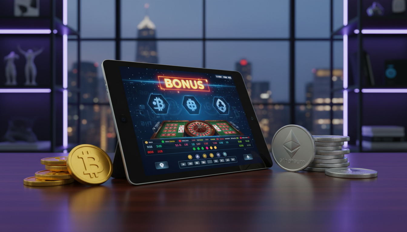 Professional digital interface showing cryptocurrency coins and casino bonus symbols